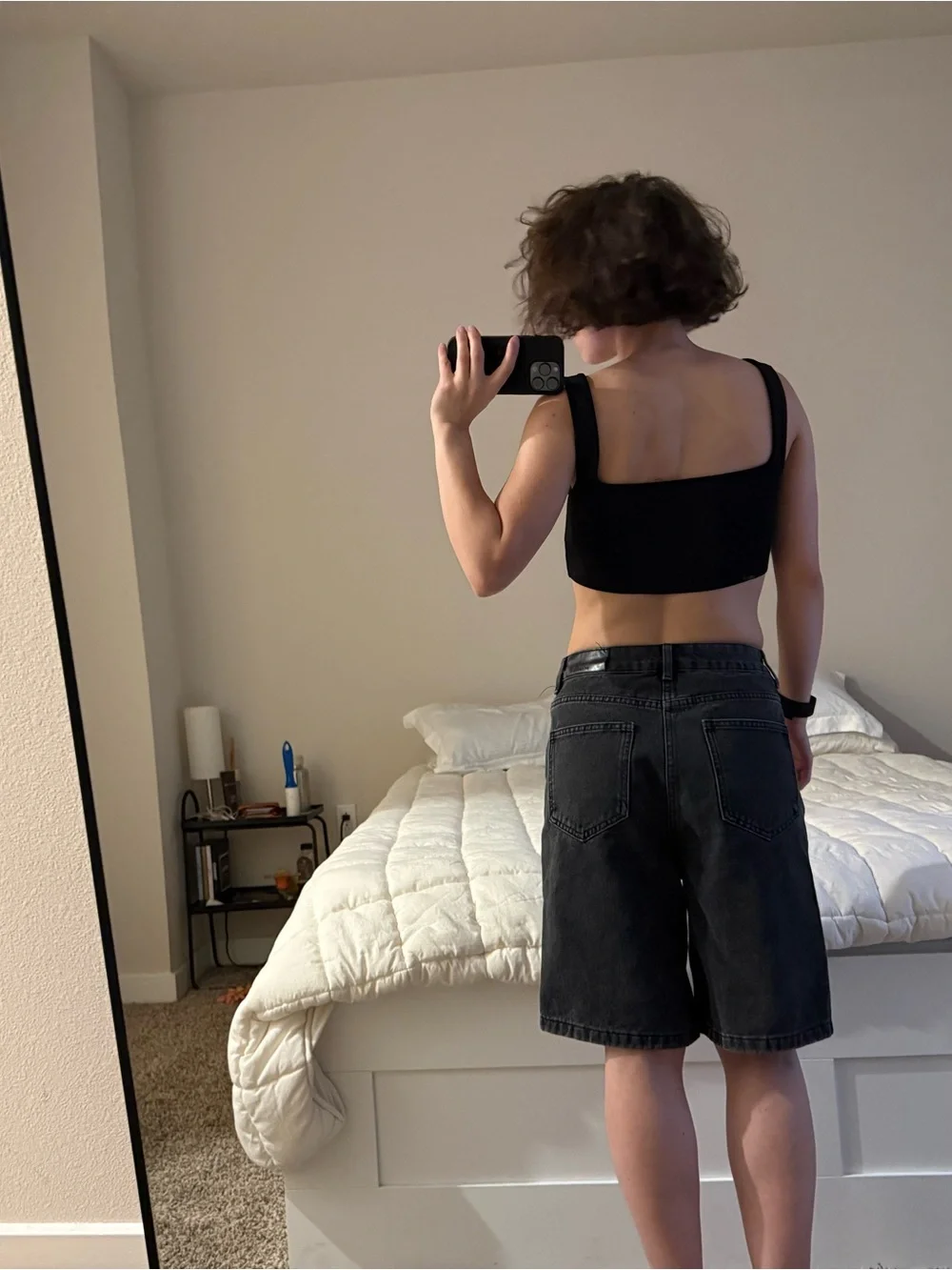 High-Waisted Black Denim Long Shorts